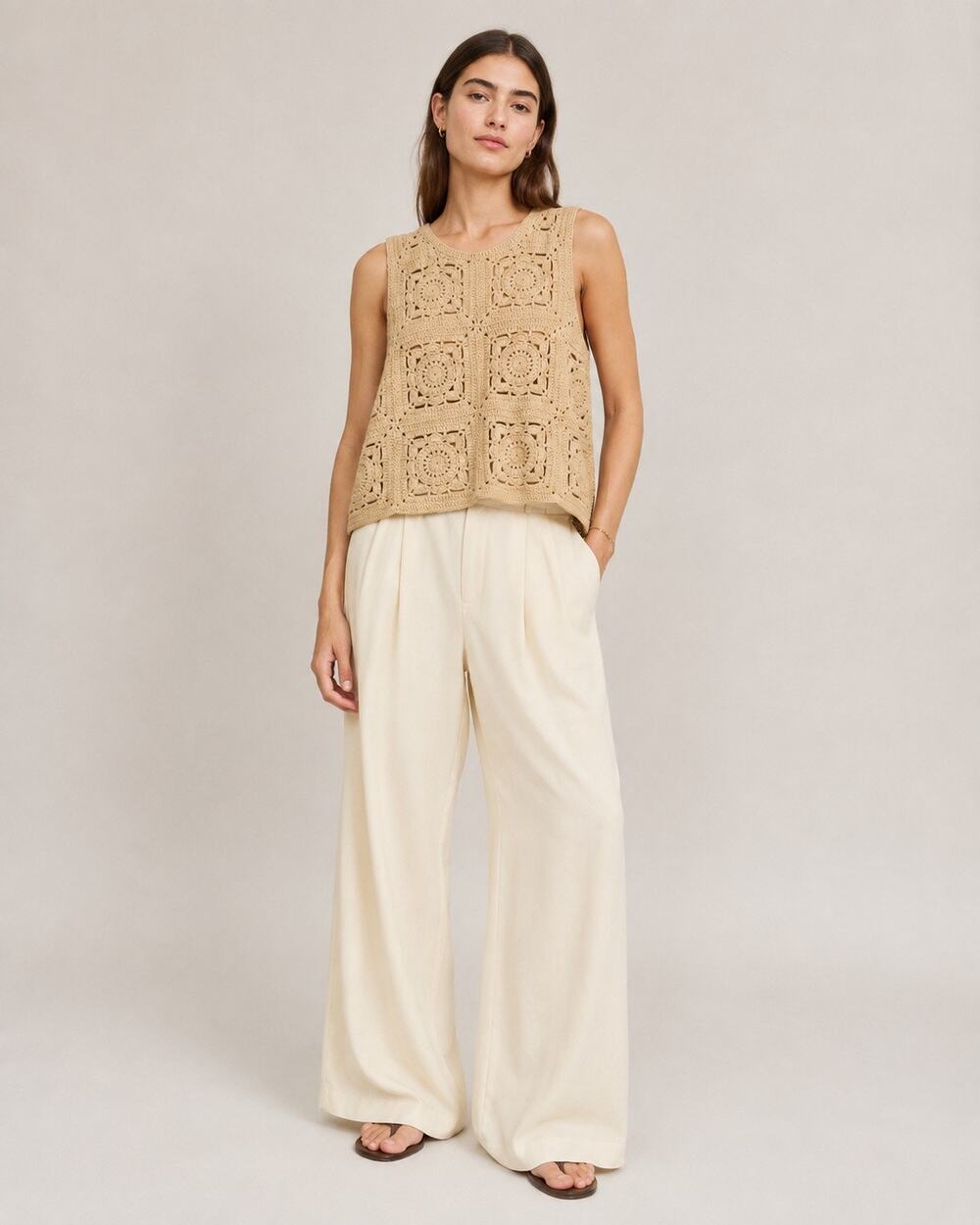 Nanushka Crochet Granny Square Vest Beige Boho Boxy Sz L Festival Top Vacation